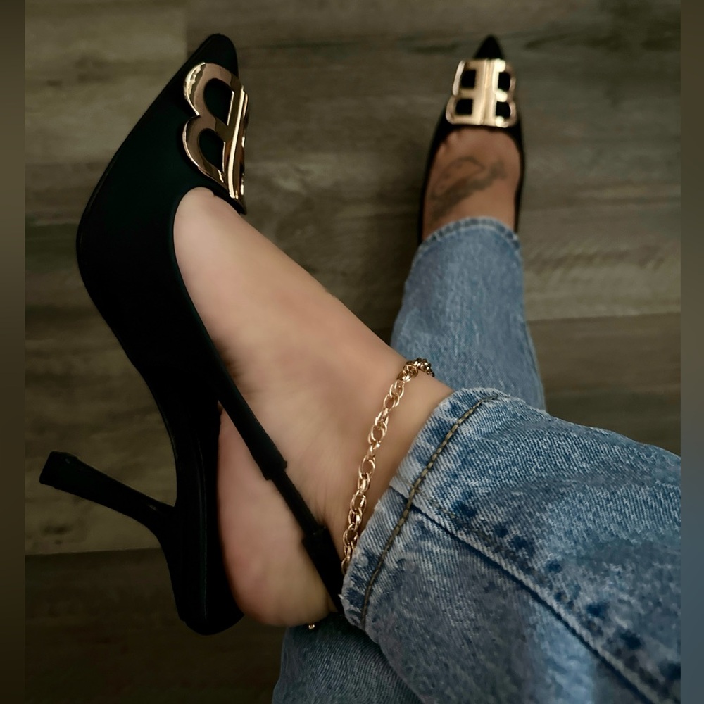 NEW!! Black Slingback Heels with Gold Statement Buckle | Pointed Toe Dress Pumps